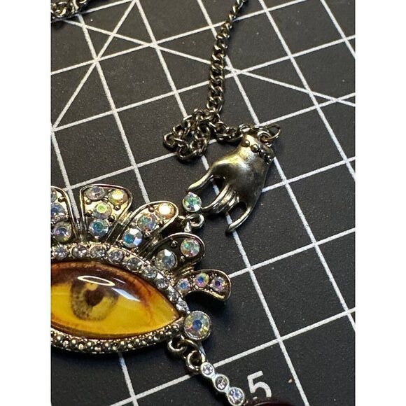 Gold tone rhinestone embellished evil eye pendant necklace creepy cute goth - Picture 4 of 5